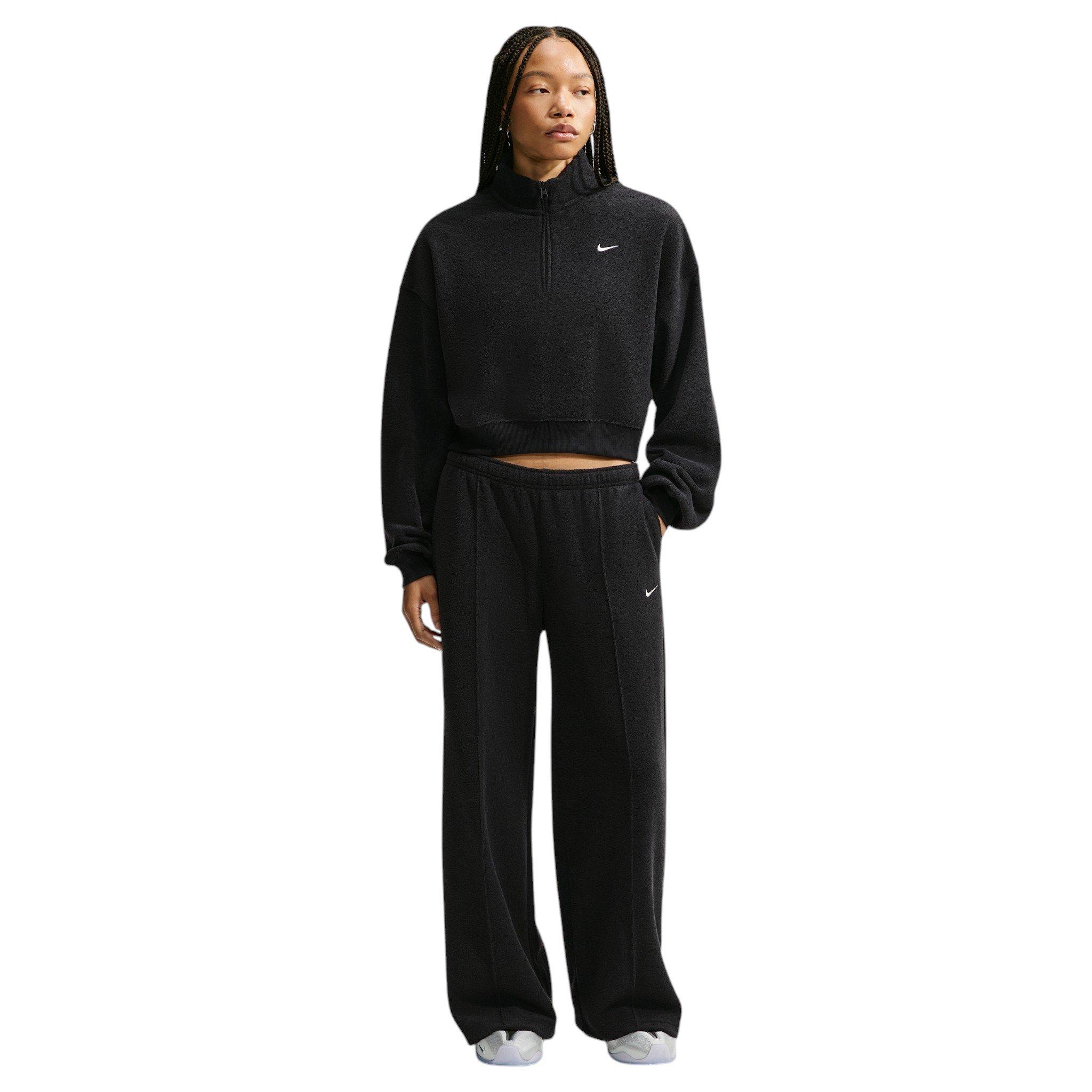 Nike Women's Studio Fleece Plush Oversized 1/4 Zip Cropped Top - Black/Off-White - BLACK/OFF-WHITE